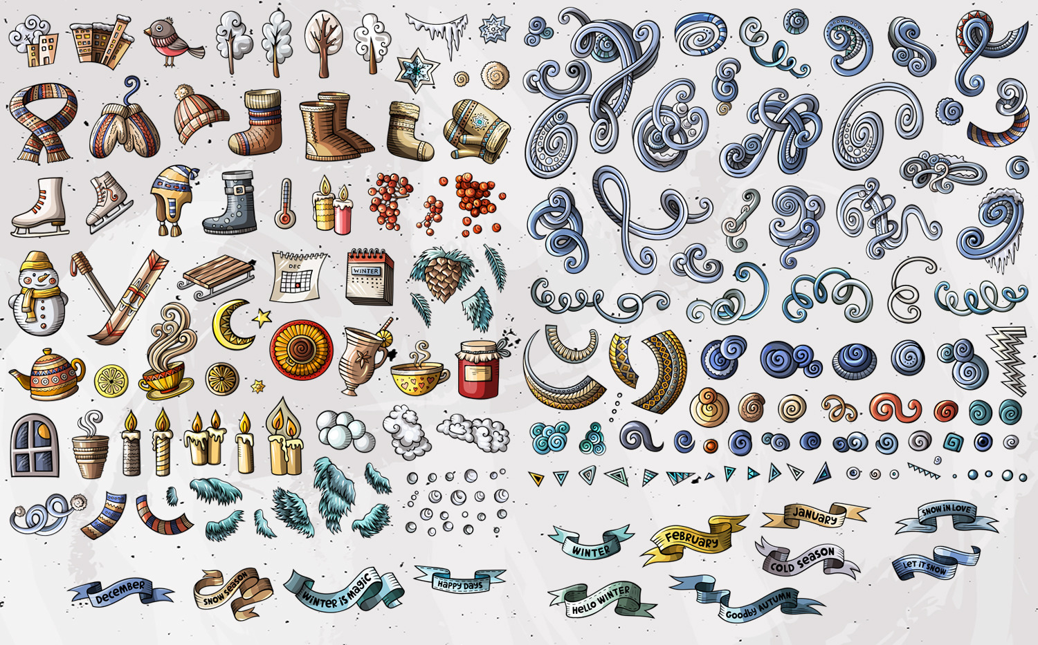 Winter Cartoon Vector Objects Set