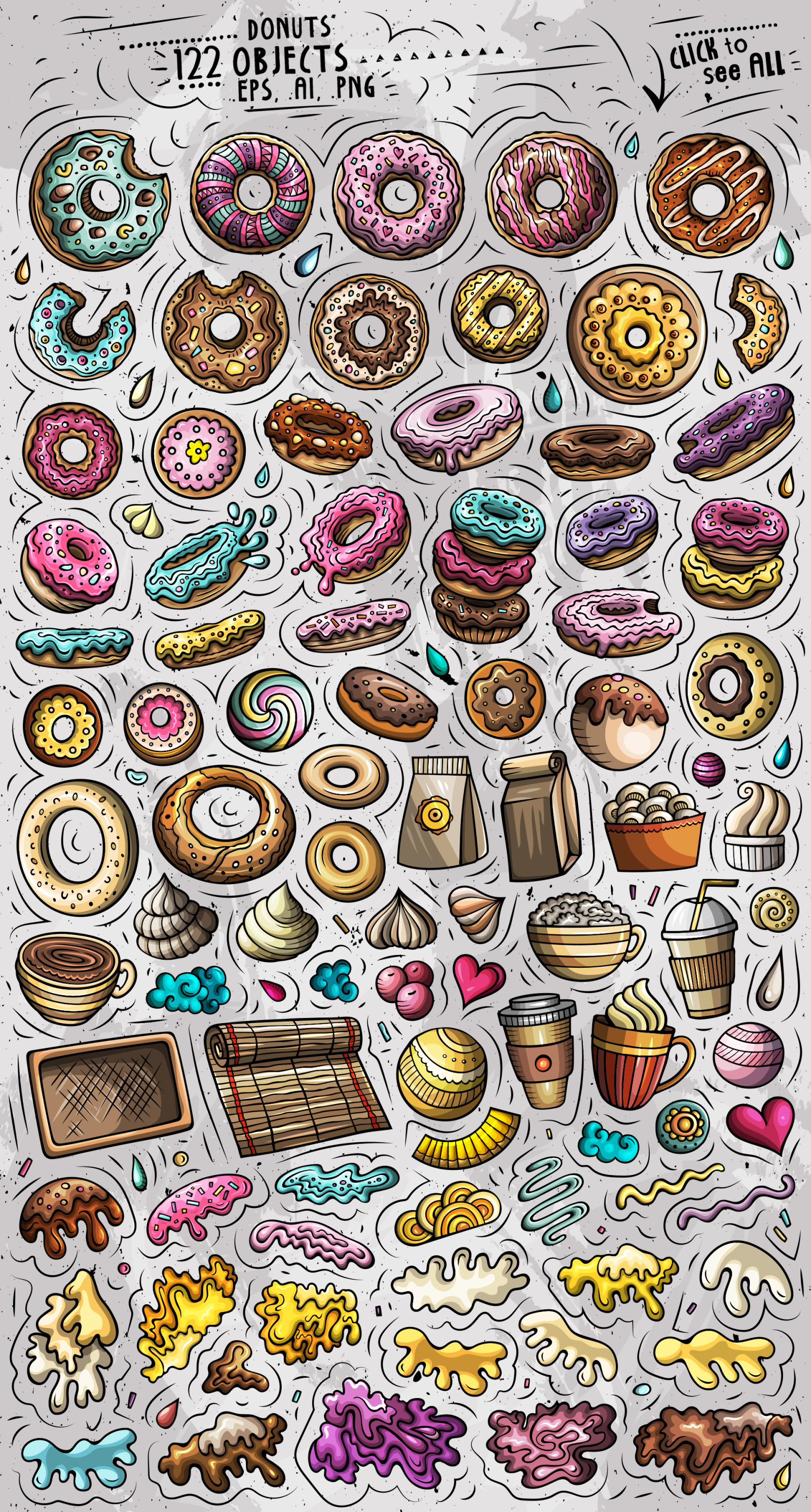 Donuts Cartoon Vector Objects Set