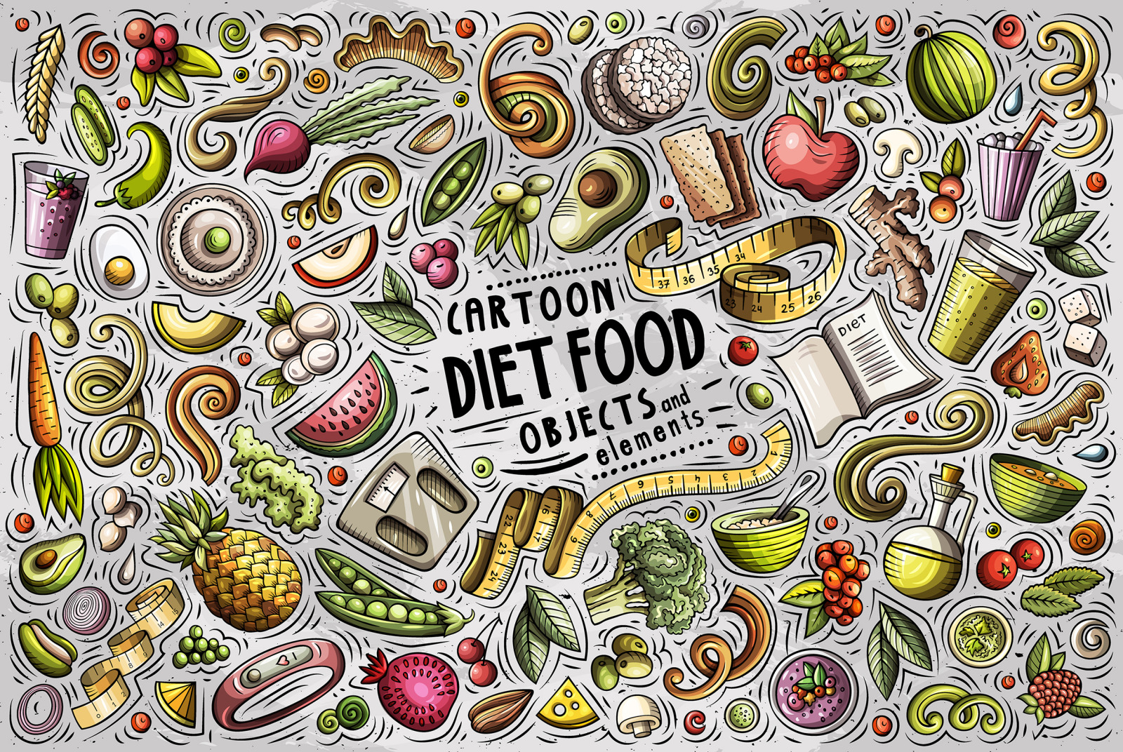 Diet Food Cartoon Vector Objects Set