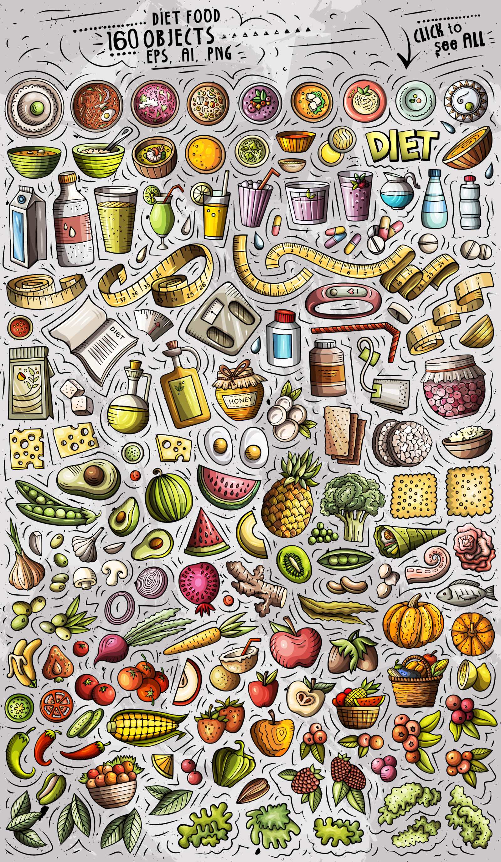 Diet Food Cartoon Vector Objects Set