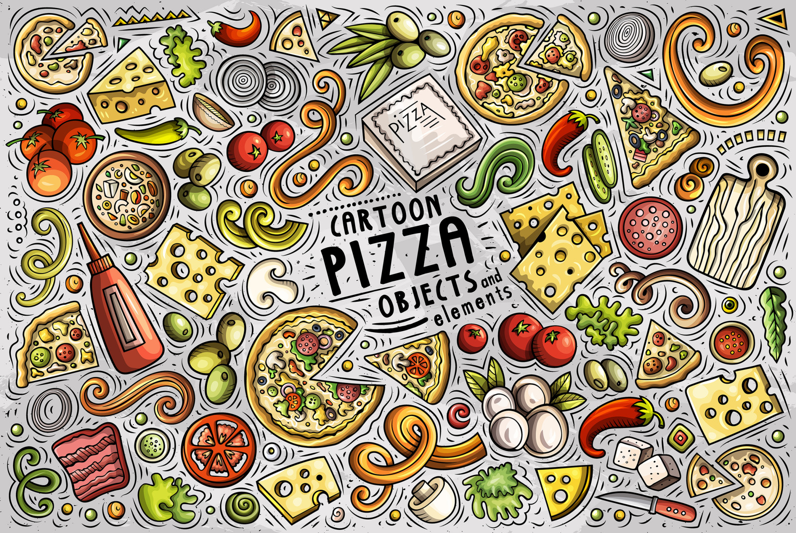 Pizza Cartoon Vector Objects Set