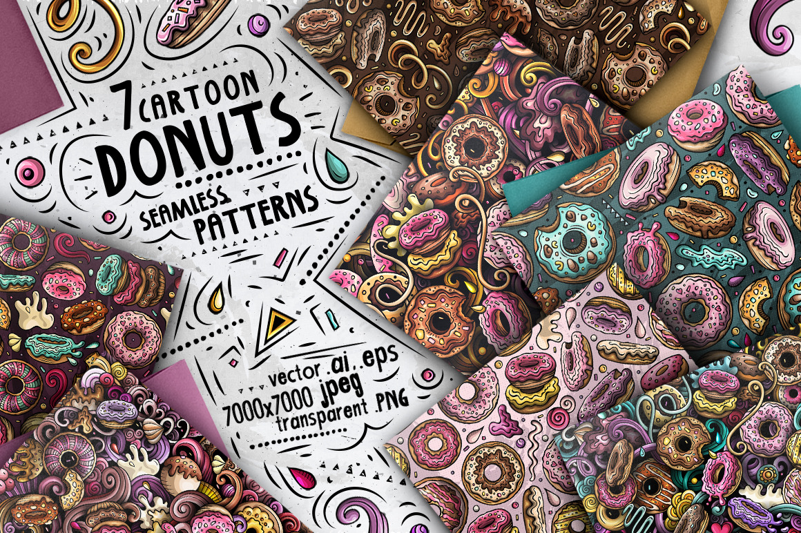 Donuts Cartoon Seamless Patterns