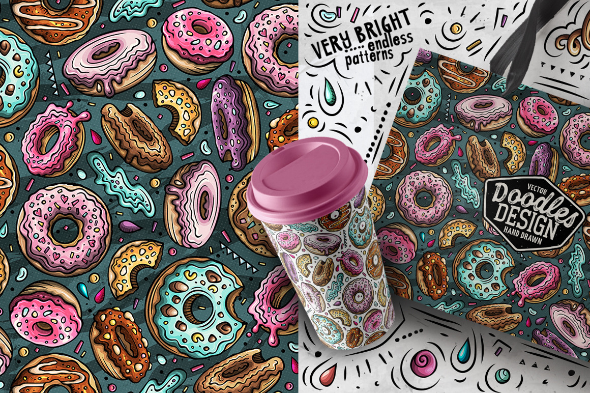 Donuts Cartoon Seamless Patterns