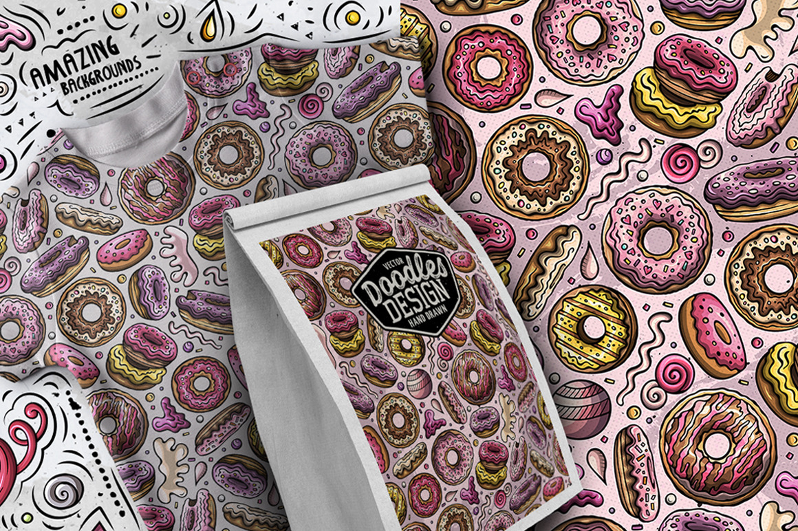 Donuts Cartoon Seamless Patterns