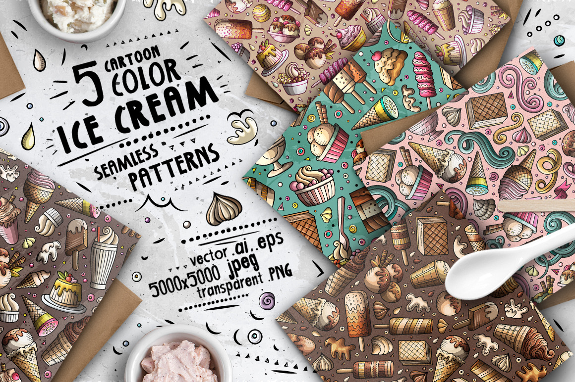 Ice Cream Cartoon Seamless Patterns