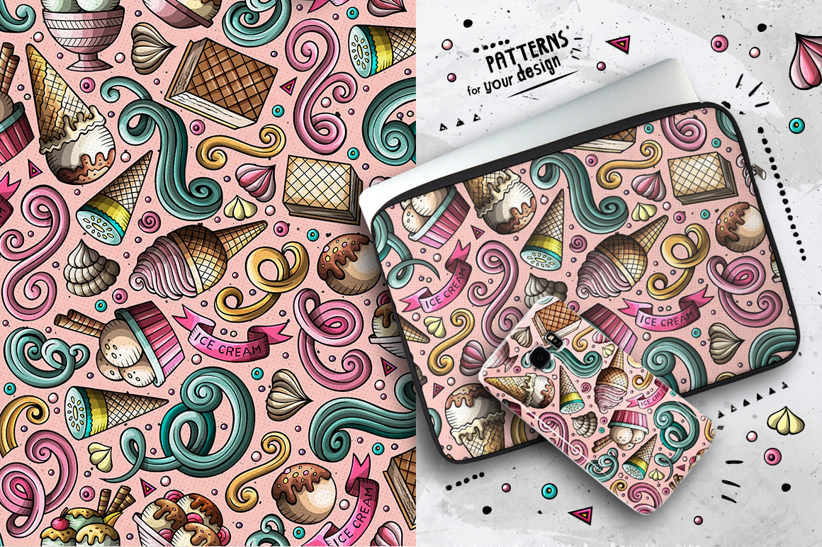 Ice Cream Cartoon Seamless Patterns