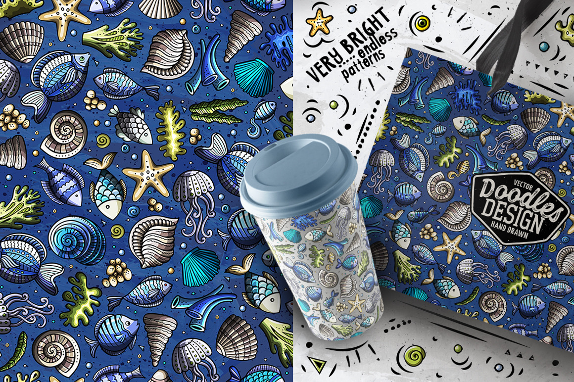 Sea Life Cartoon Seamless Patterns