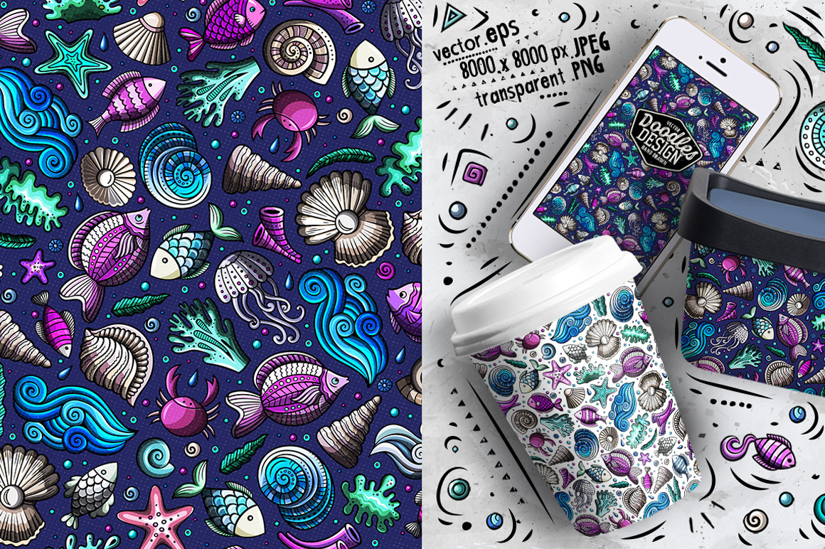 Sea Life Cartoon Seamless Patterns