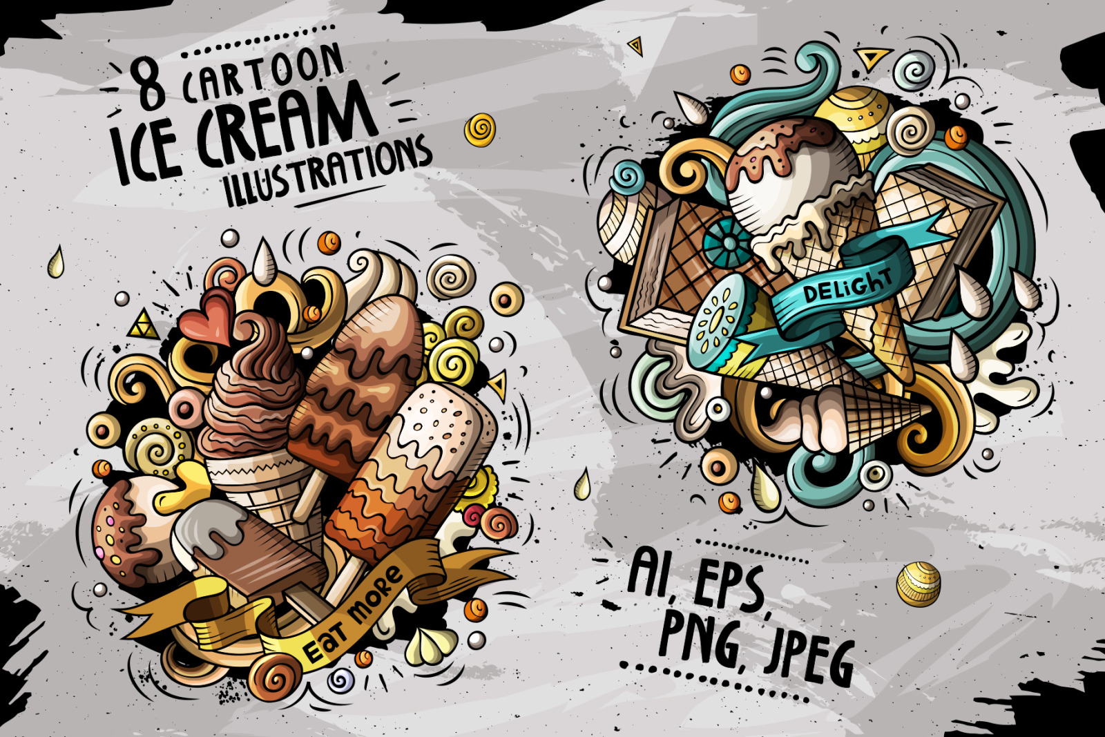 8 Ice Cream Cartoon Doodle Compositions 8 Ice Cream Cartoon Doodle Compositions