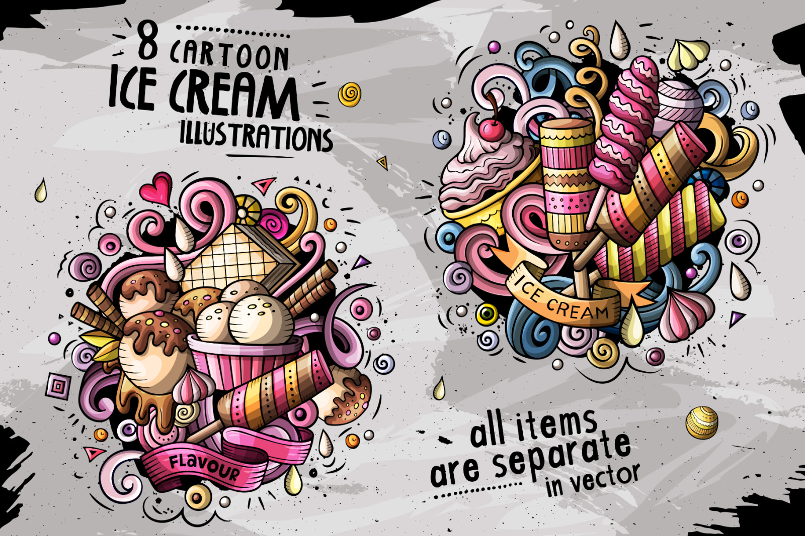 8 Ice Cream Cartoon Doodle Compositions