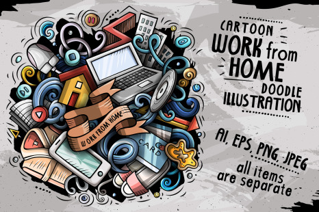 Cartoon vector doodles Work From Home illustration - Developer at home