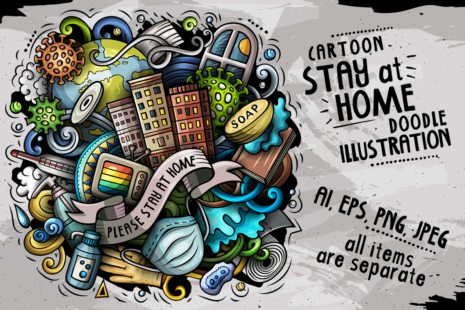 Cartoon vector doodles Please Stay at Home illustration