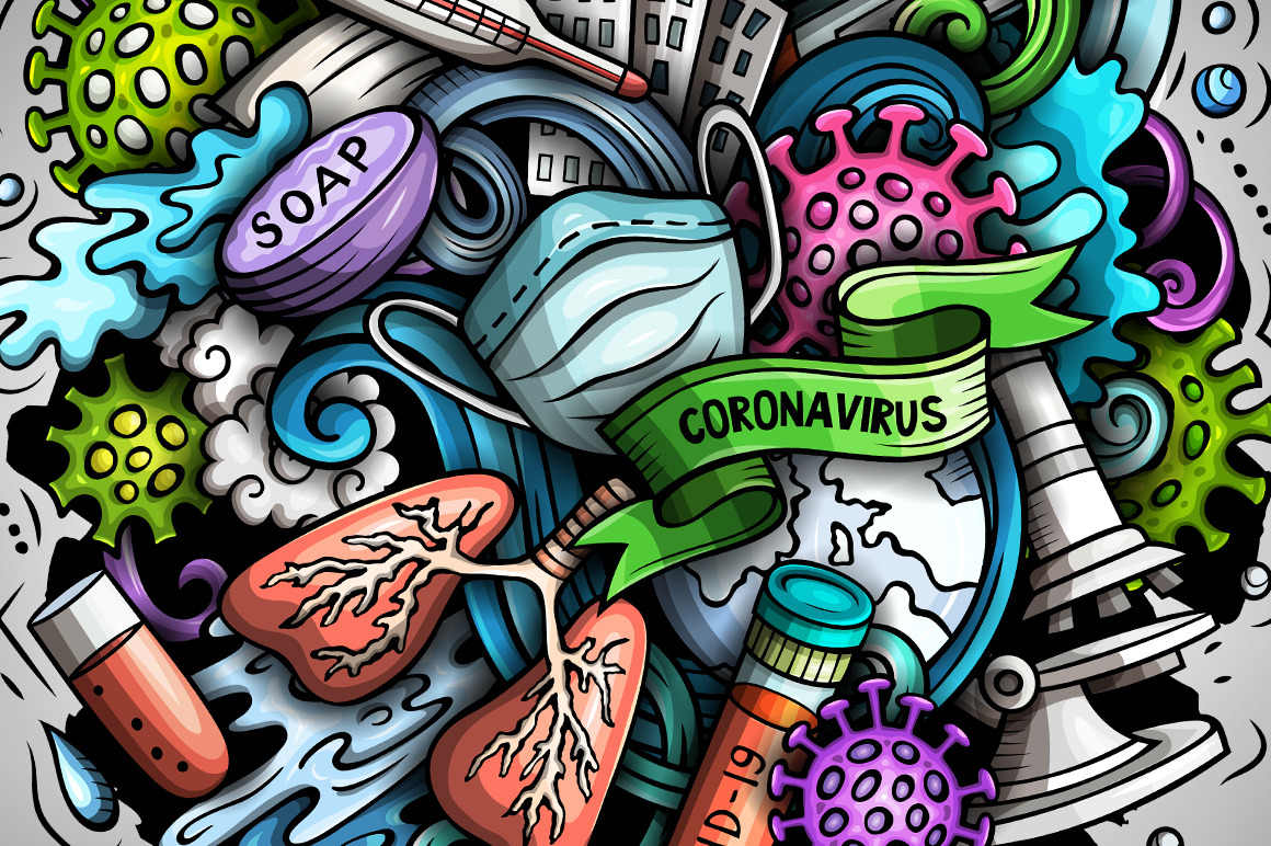 Cartoon vector doodles Coronavirus illustration