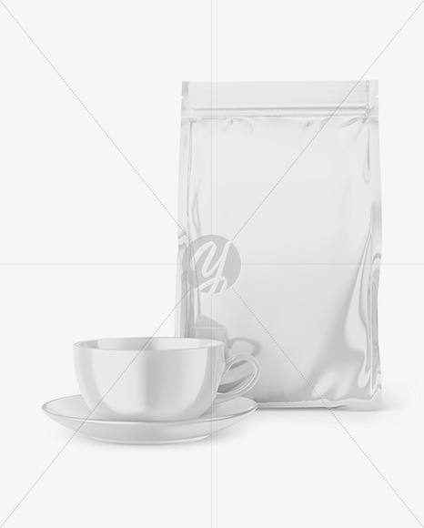 Glossy Stand-Up Bag with Coffee Mug Mockup