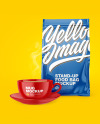 Glossy Stand-Up Bag with Coffee Mug Mockup