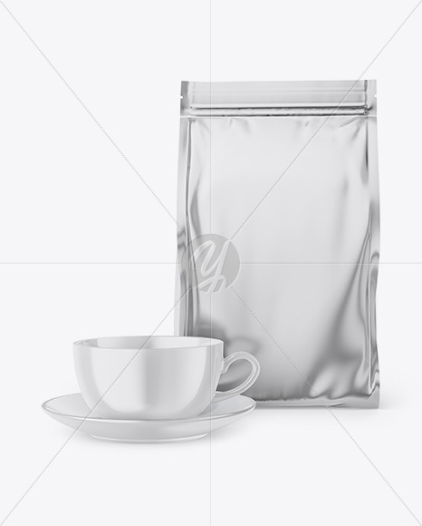 Metallic Stand-Up Bag with Coffee Mug Mockup