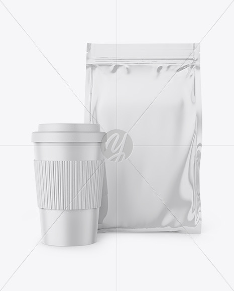 Glossy Stand-Up Bag with Coffee Cup Mockup