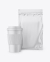 Glossy Stand-Up Bag with Coffee Cup Mockup