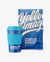 Glossy Stand-Up Bag with Coffee Cup Mockup