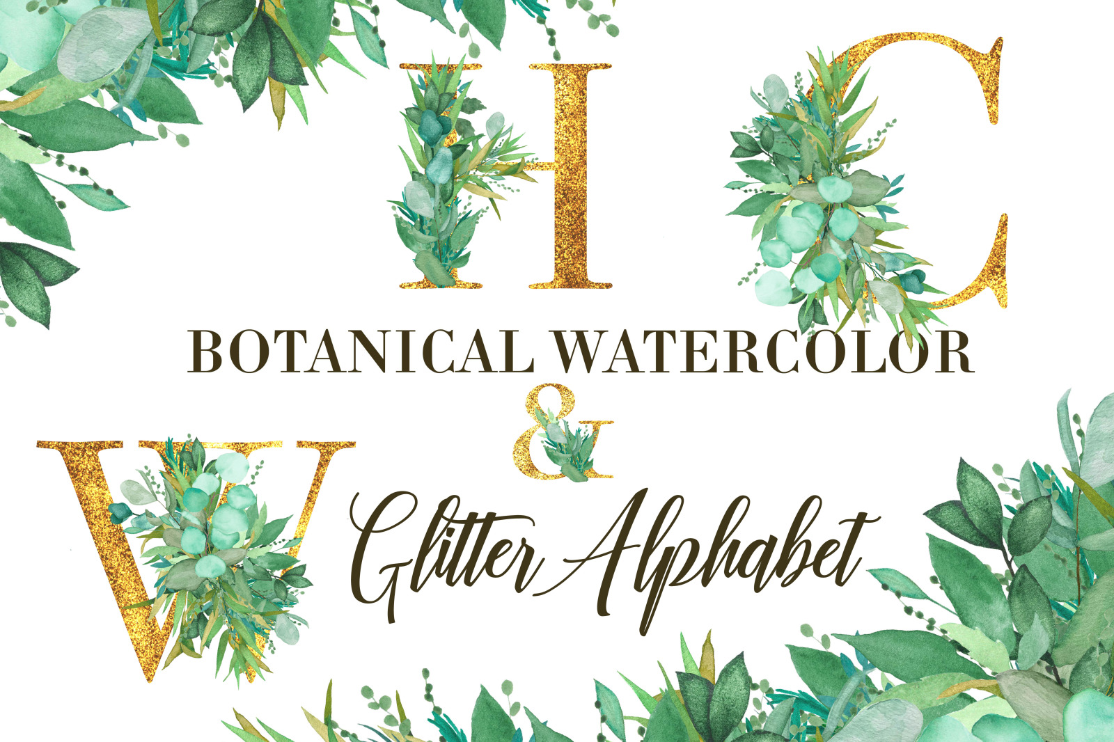 Botanical Watercolor and Glitter Alphabet Elements. Botanical Watercolor and Glitter Alphabet Elements.