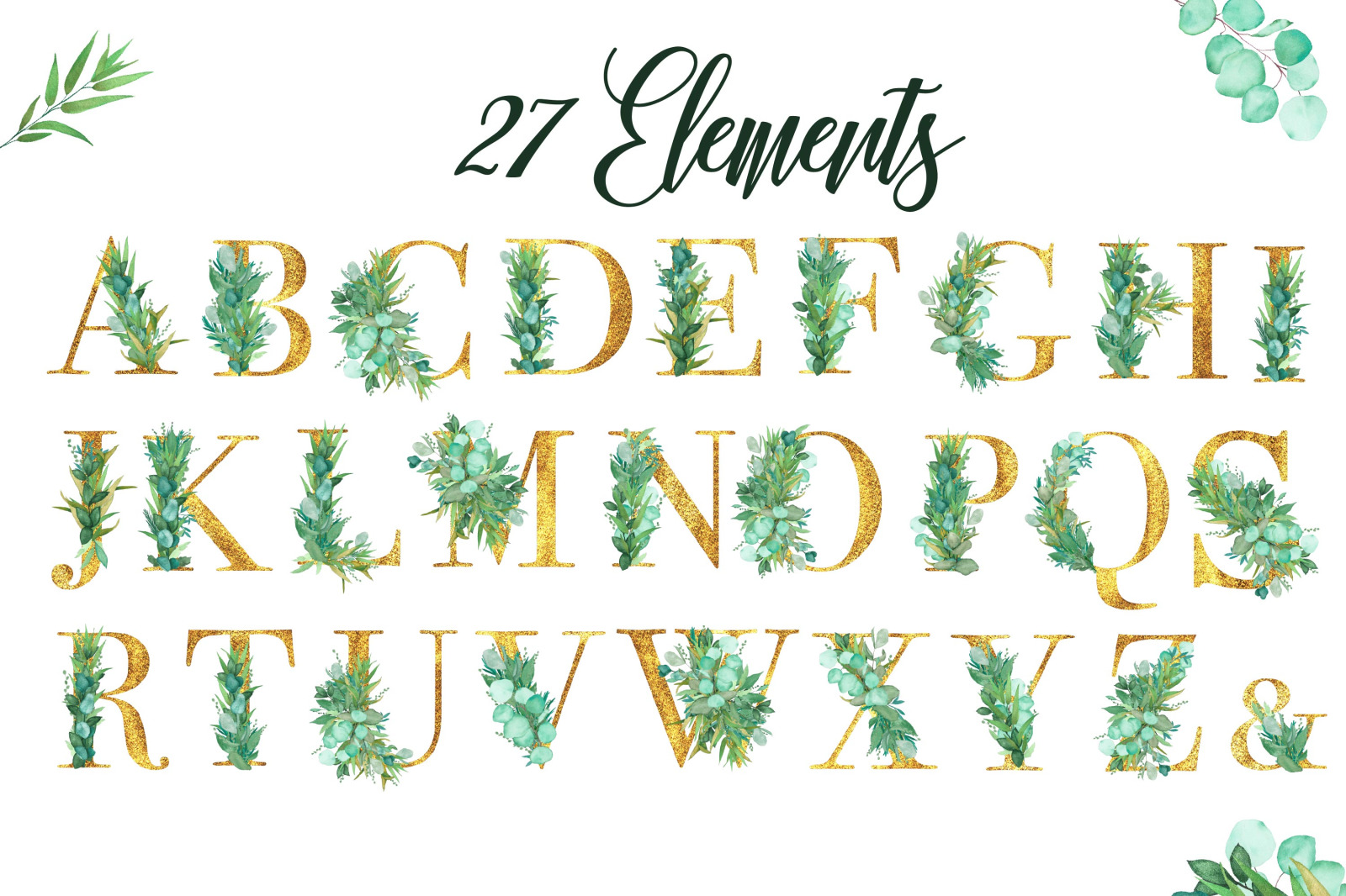 Botanical Watercolor and Glitter Alphabet Elements. Botanical Watercolor and Glitter Alphabet Elements.