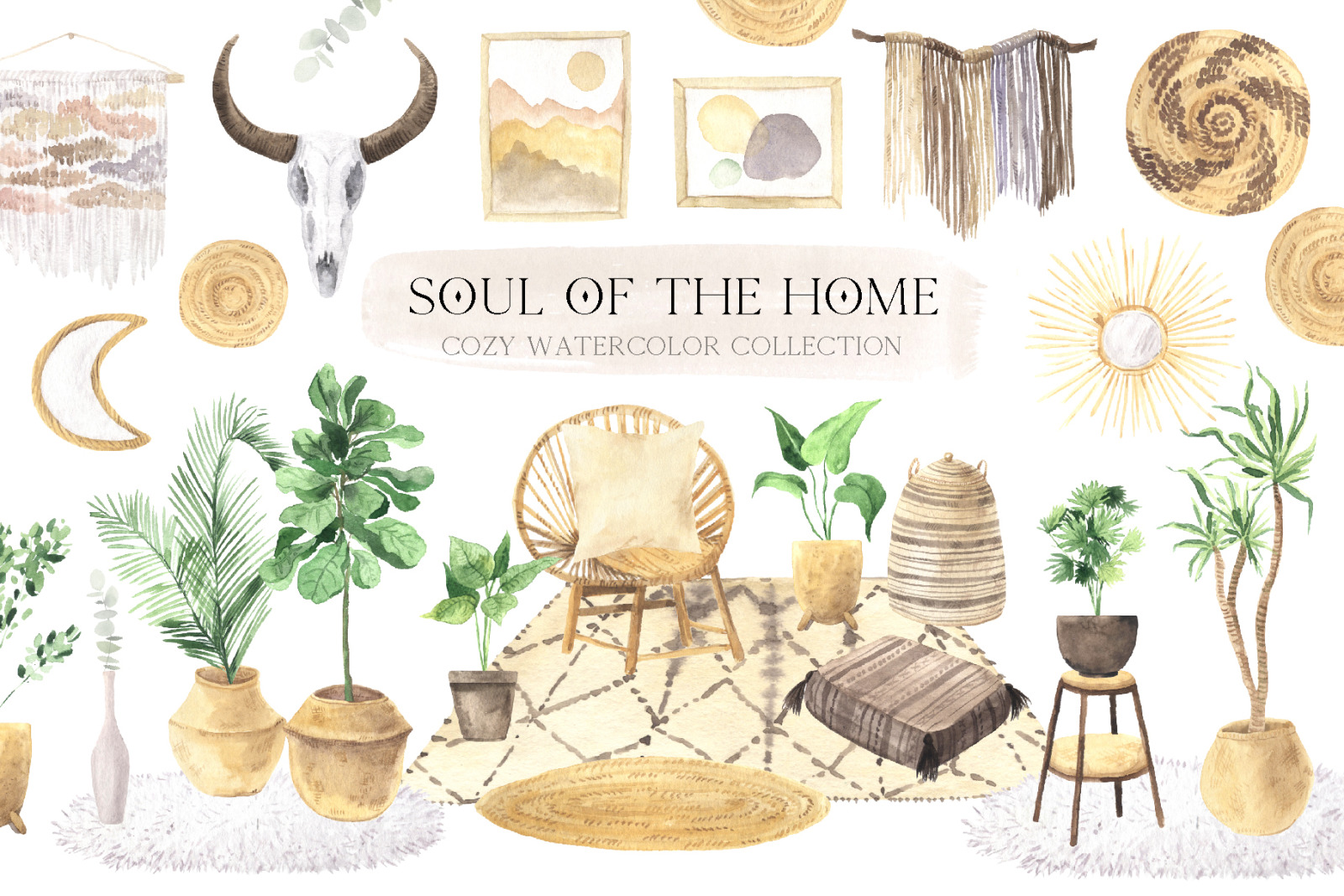 Watercolor Boho Home Interior Clipart