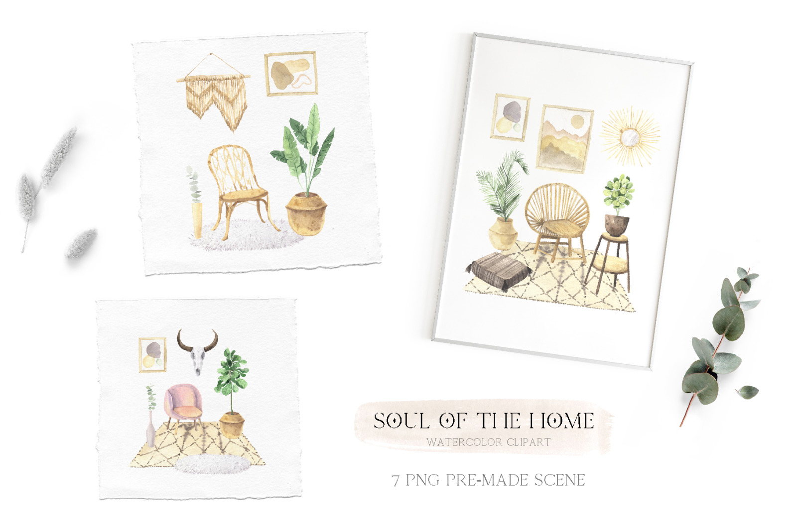 Watercolor Boho Home Interior Clipart