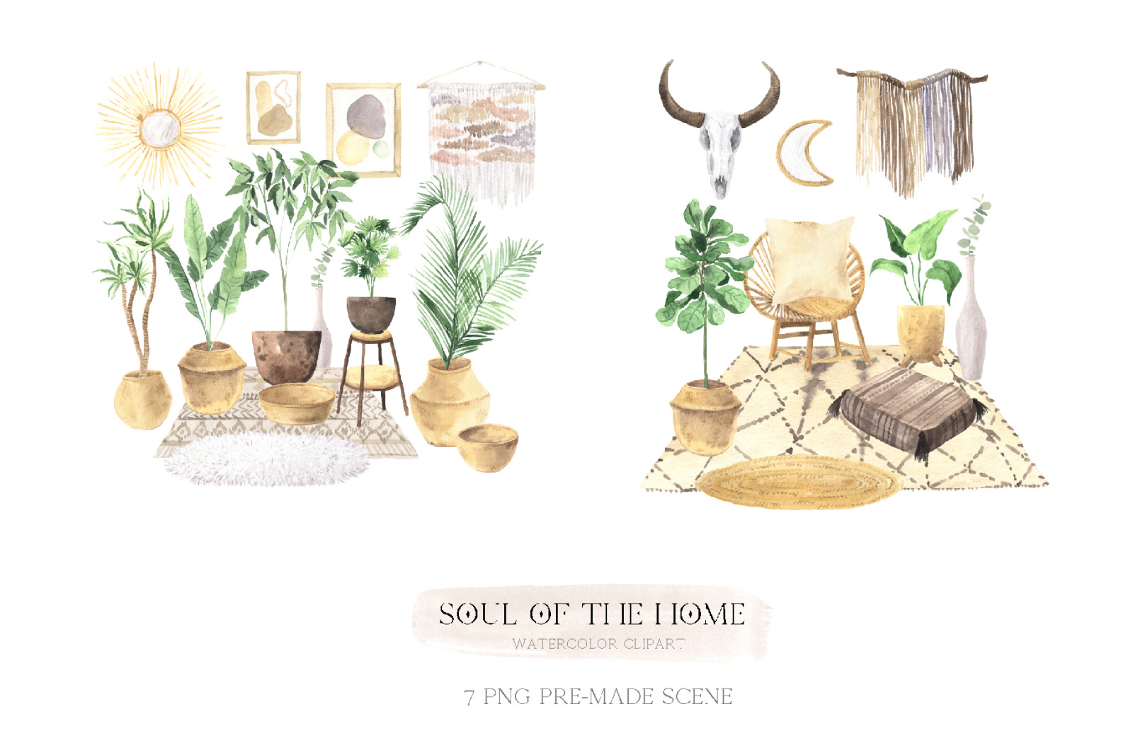 Watercolor Boho Home Interior Clipart Watercolor Boho Home Interior Clipart