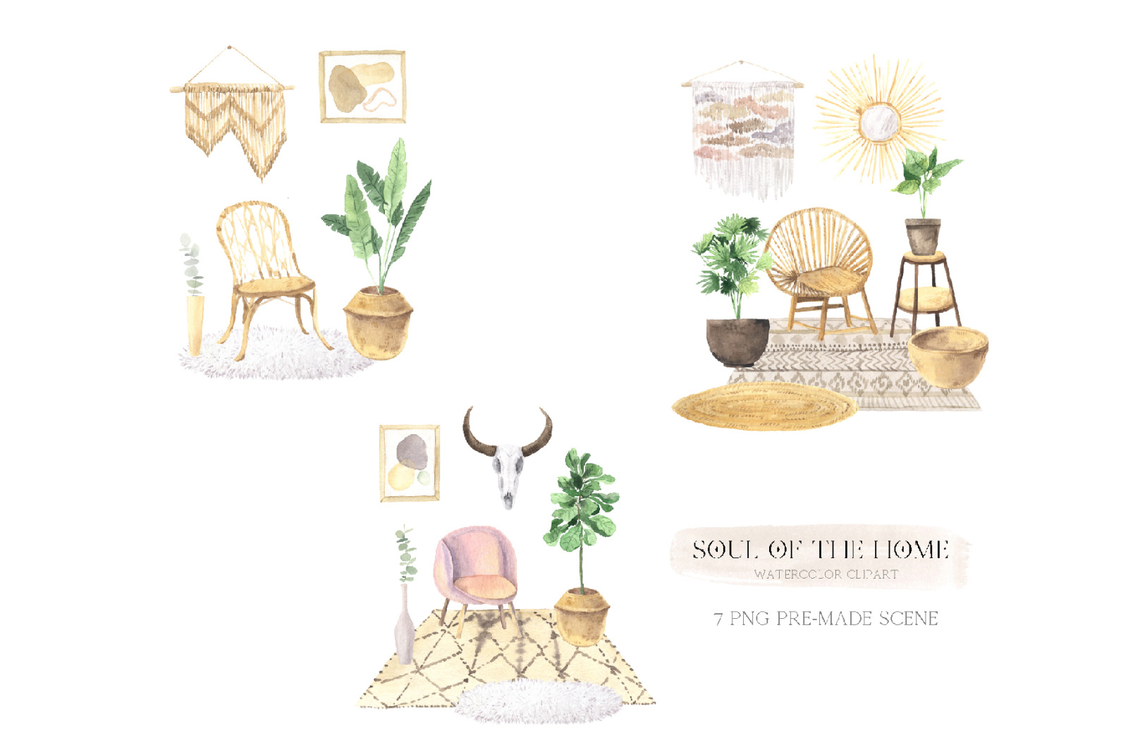 Watercolor Boho Home Interior Clipart