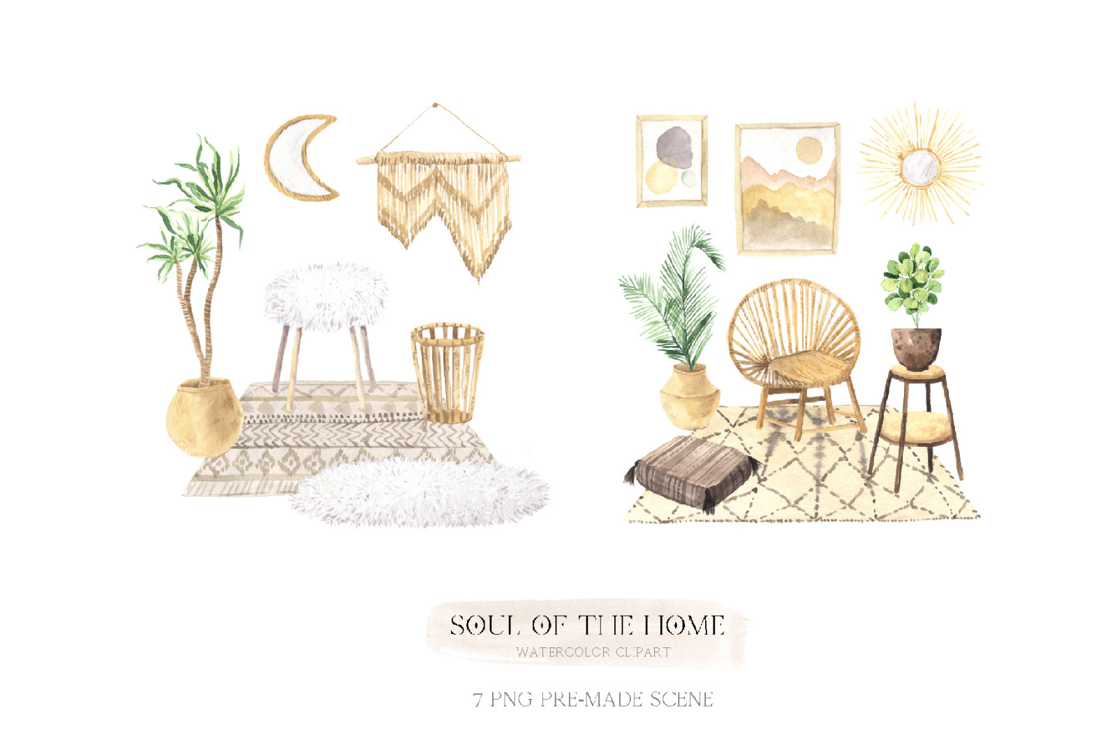 Watercolor Boho Home Interior Clipart