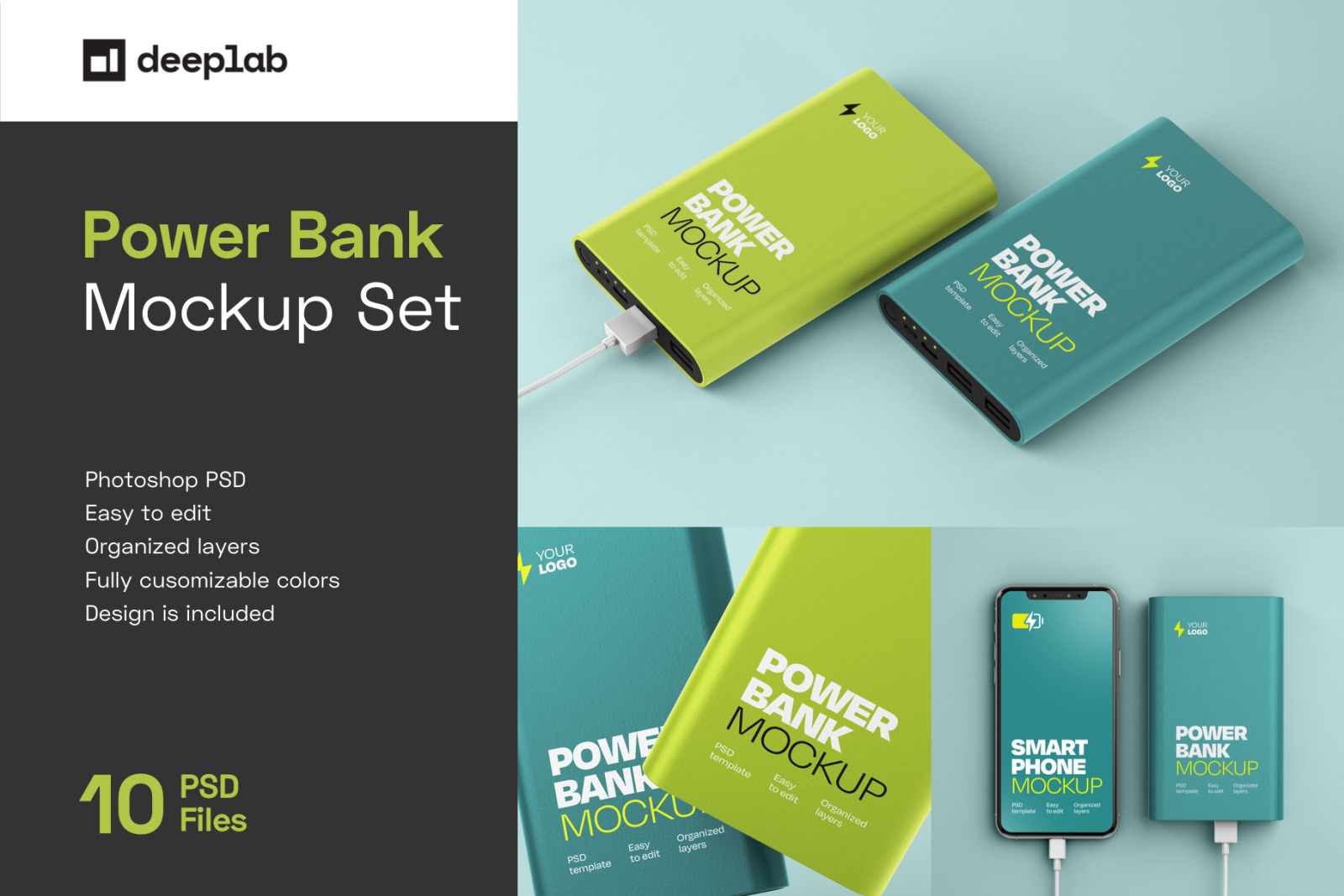 Glossy Power Bank Mockup Set Glossy Power Bank Mockup Set