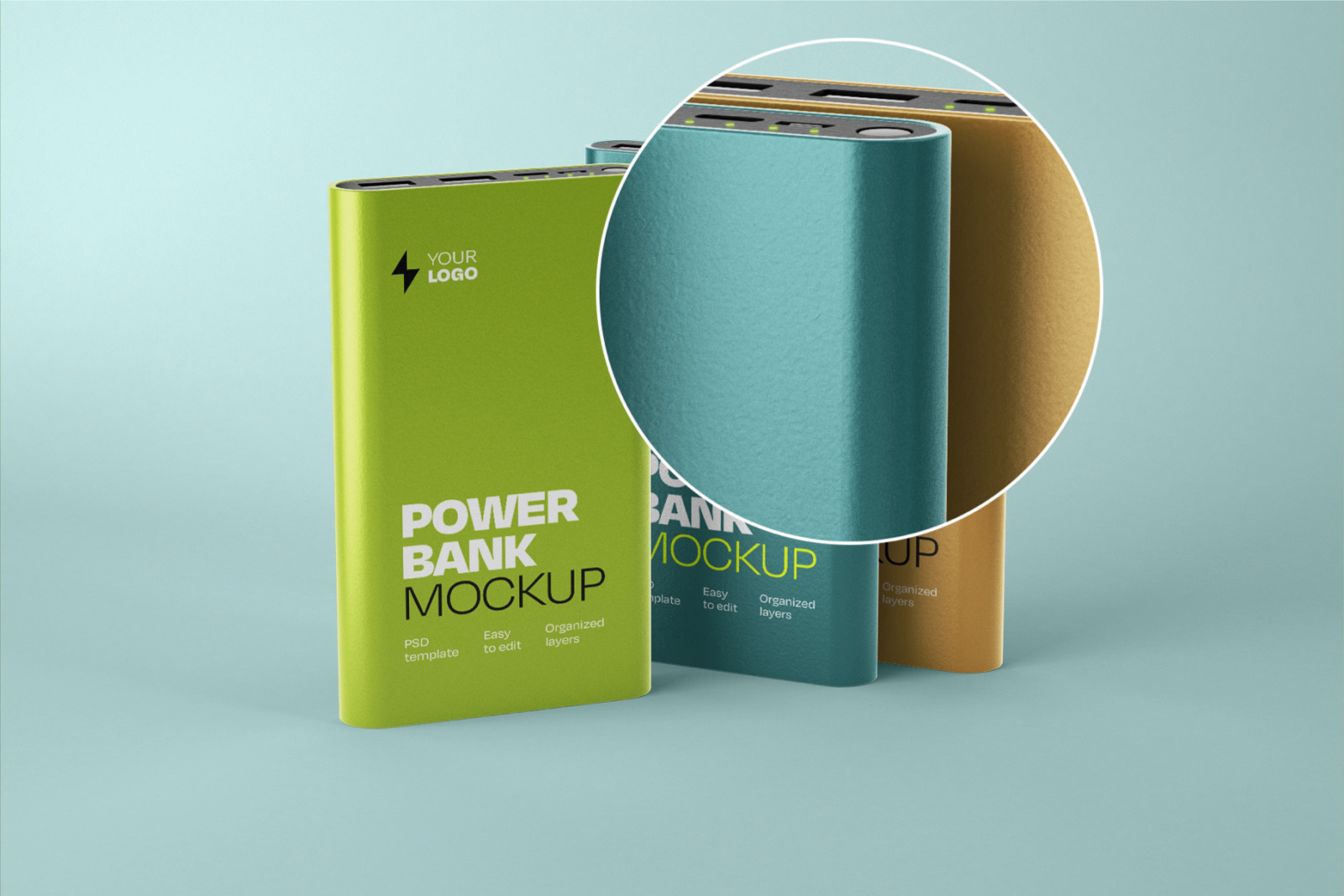 Glossy Power Bank Mockup Set Glossy Power Bank Mockup Set