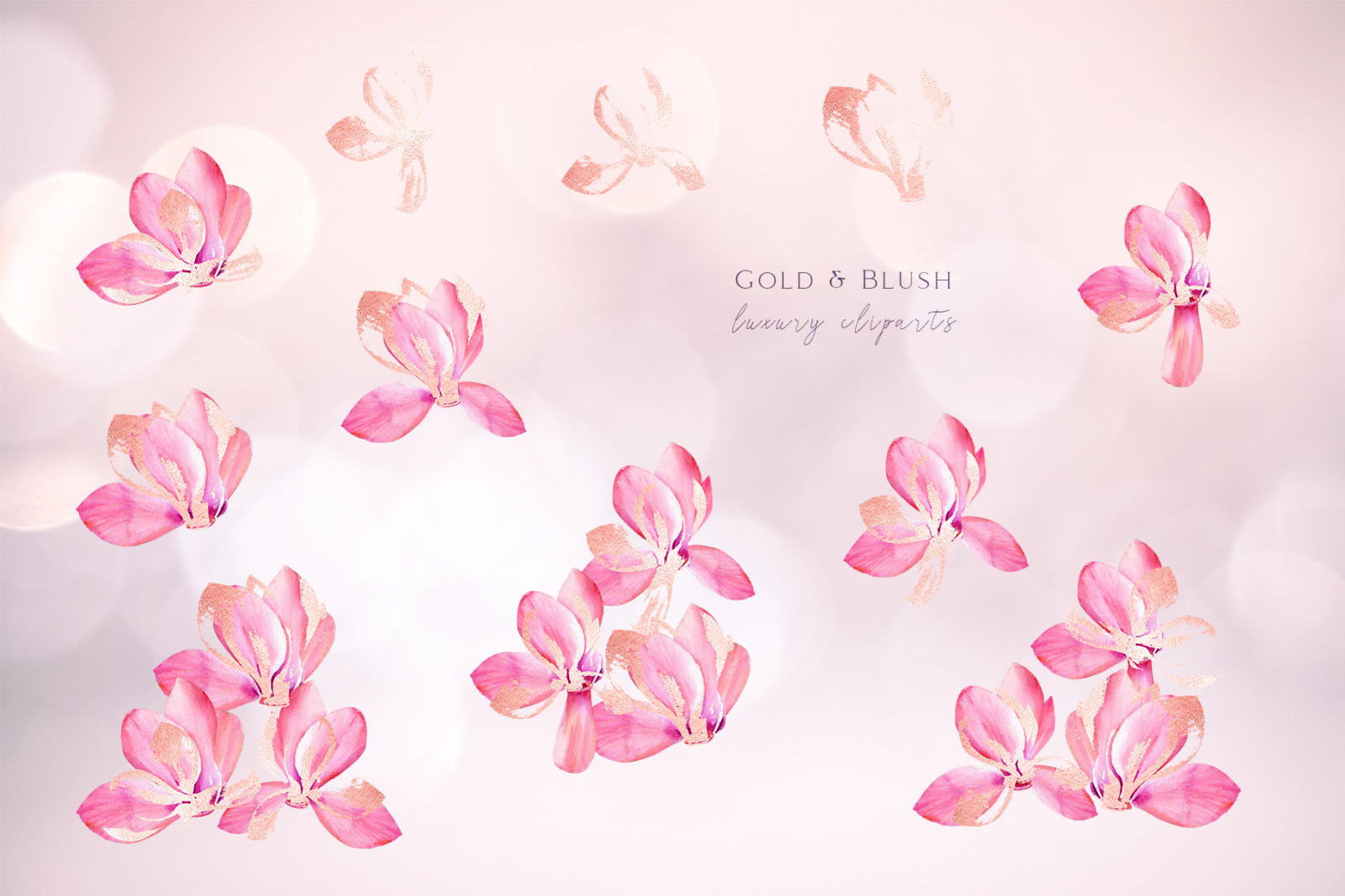 Watercolor clipart with pink floral &amp; rose gold