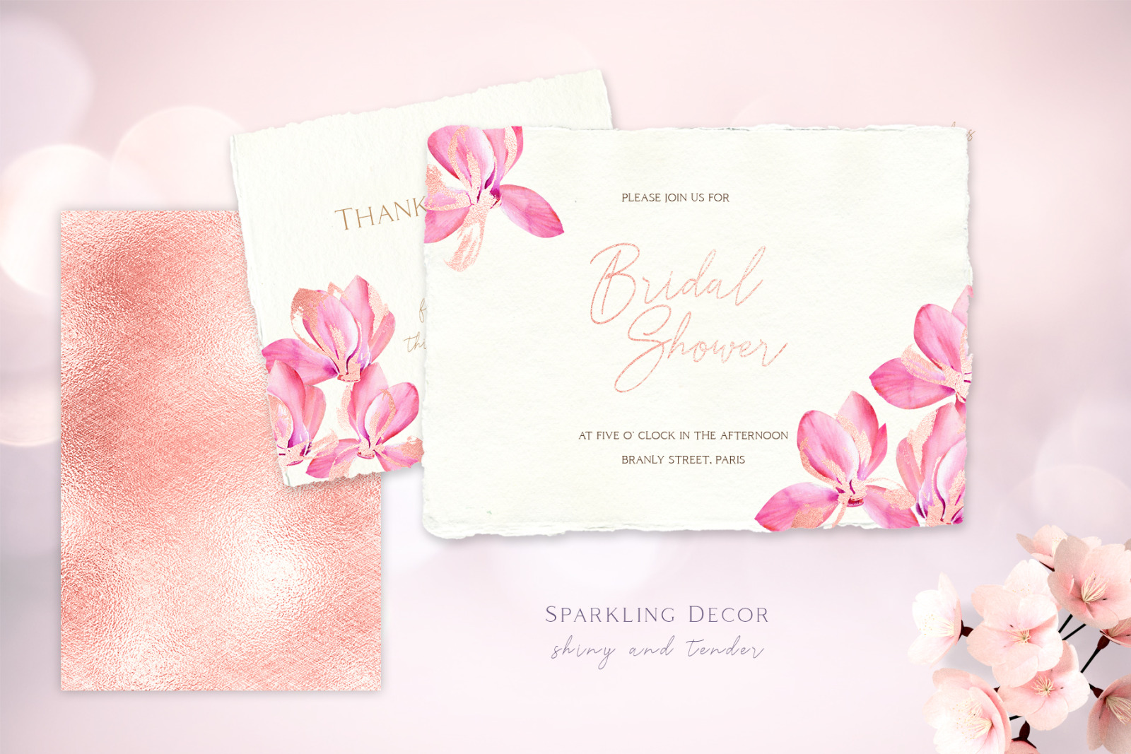 Watercolor clipart with pink floral &amp; rose gold