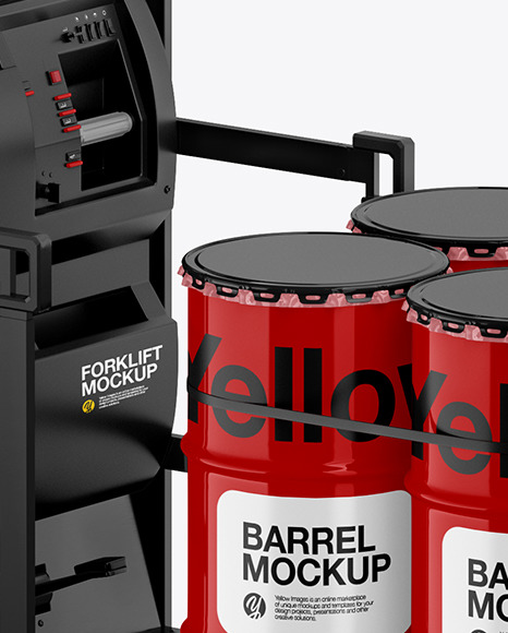 Fork Lift w/ 4 Glossy Barrels & Wooden Pallet Mockup