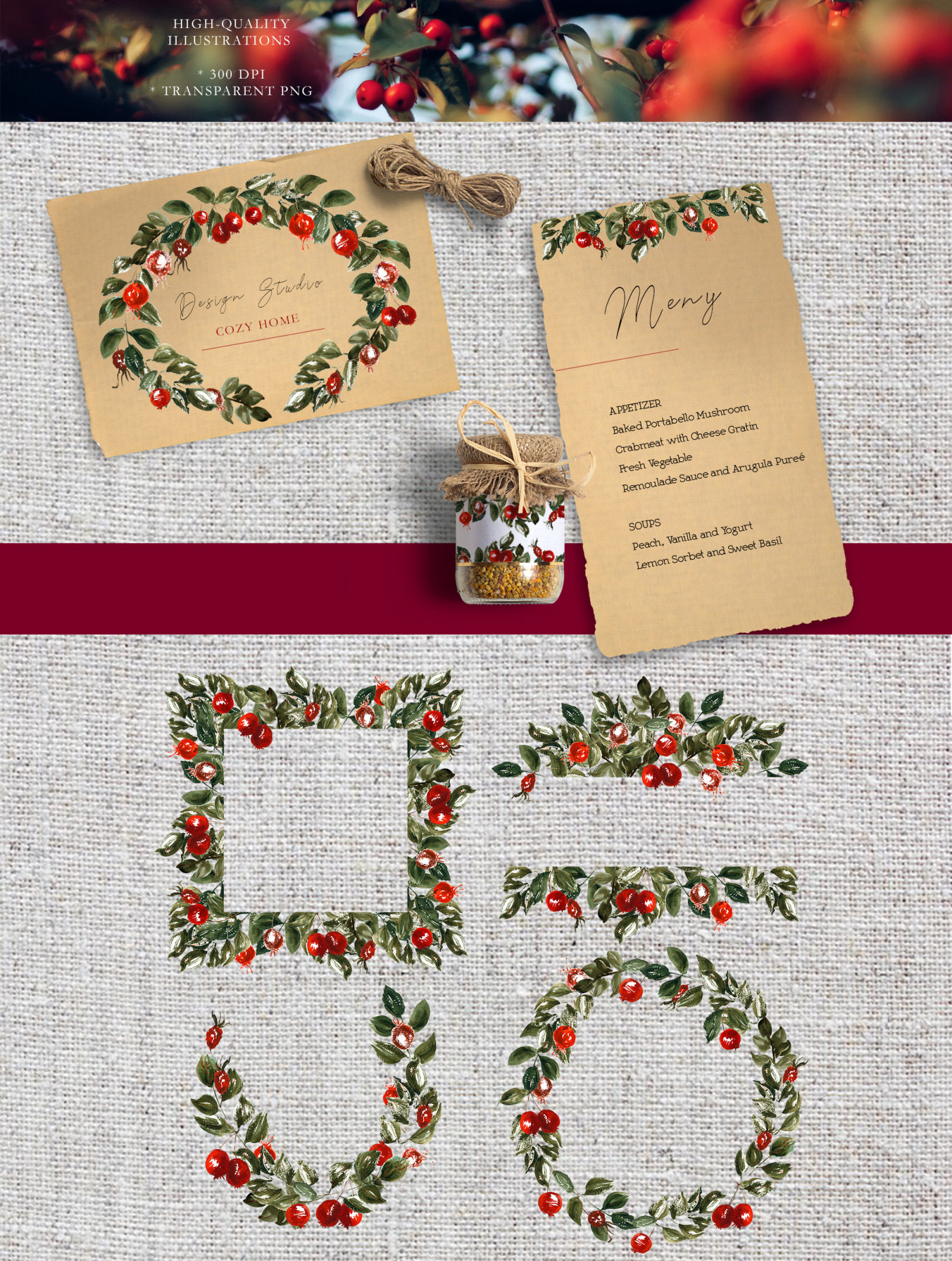 Watercolor autumn boho clipart Red berries and hand drawn floral elements. Floral frames png autumn