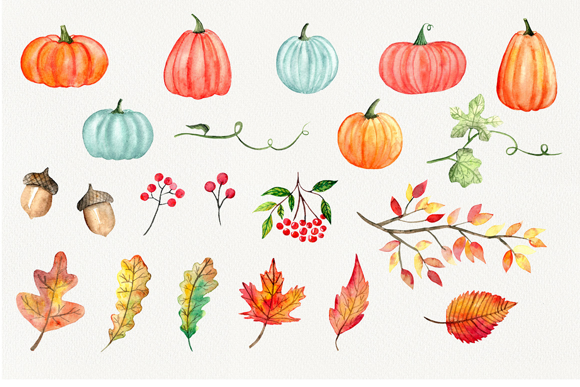 Watercolor pumpkins and leaves Watercolor pumpkins and leaves