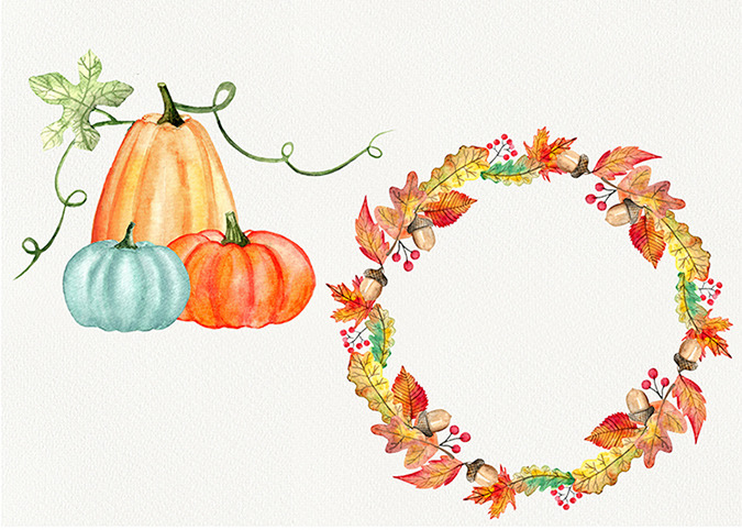 Watercolor pumpkins and leaves