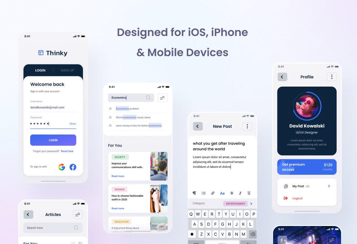 Thinky - Blog News iOS App Design Figma &amp; PSD