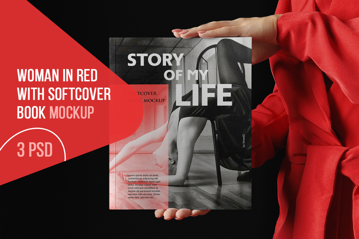 Woman In Red With Softcover Book Mockup