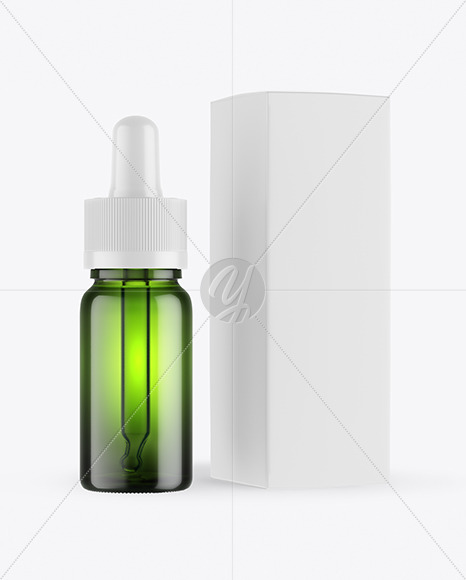 Green Glass Dropper Bottle with Paper Box Mockup