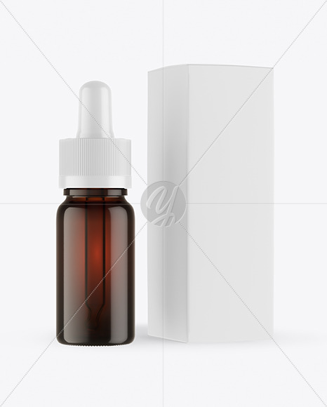 Dark Amber Glass Dropper Bottle with Paper Box Mockup