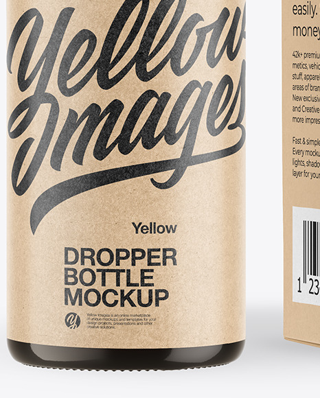 Dark Amber Glass Dropper Bottle with Kraft Paper Box Mockup Dark Amber Glass Dropper Bottle with Kraft Paper Box Mockup