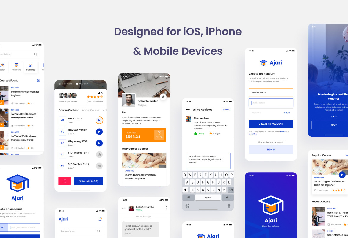 Ajari - E-learning iOS App Design UI Figma PSD Template