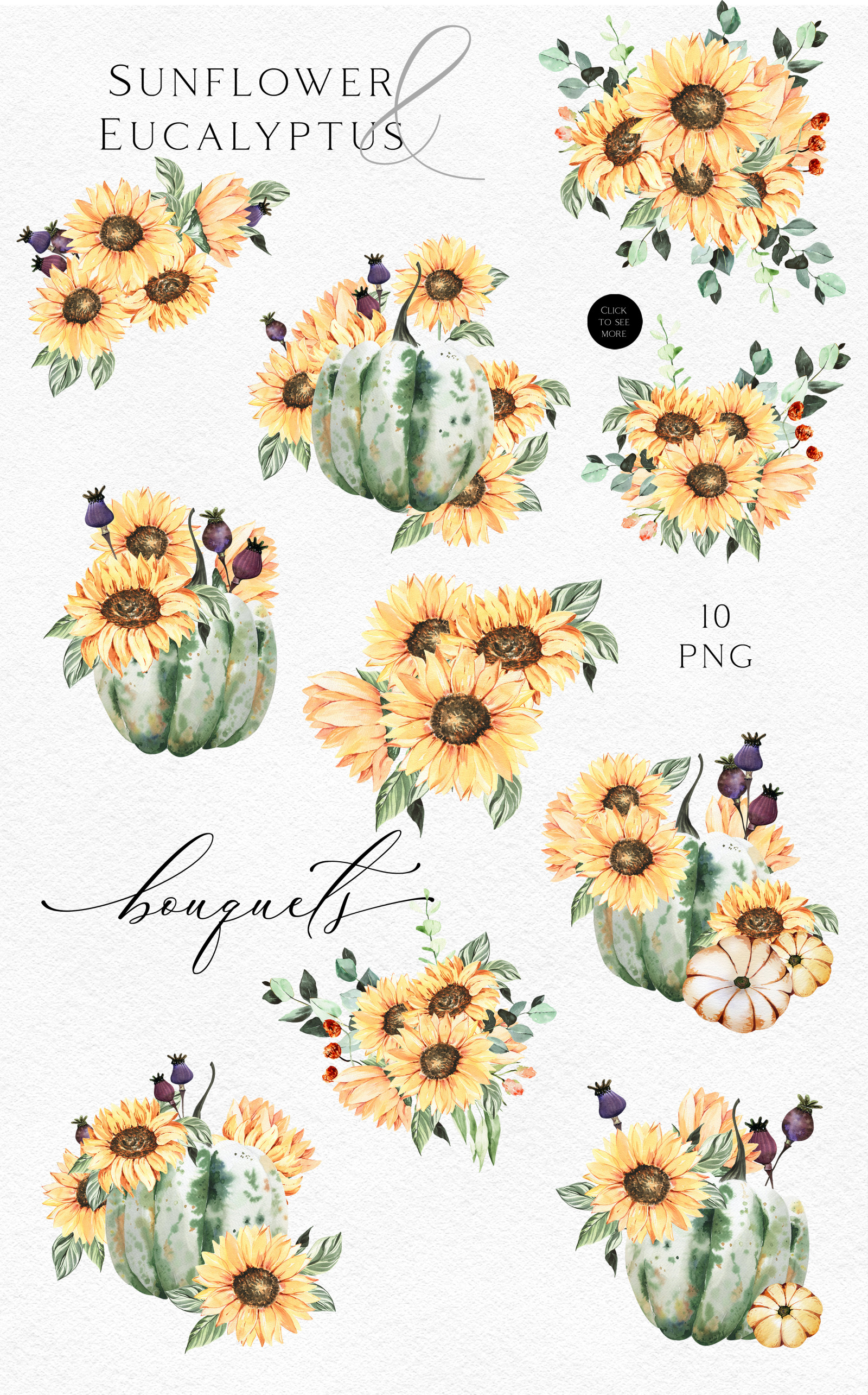 Watercolor sunflower clipart Pumpkin png fall clipart Eucalyptus clipart with sunflower floral png