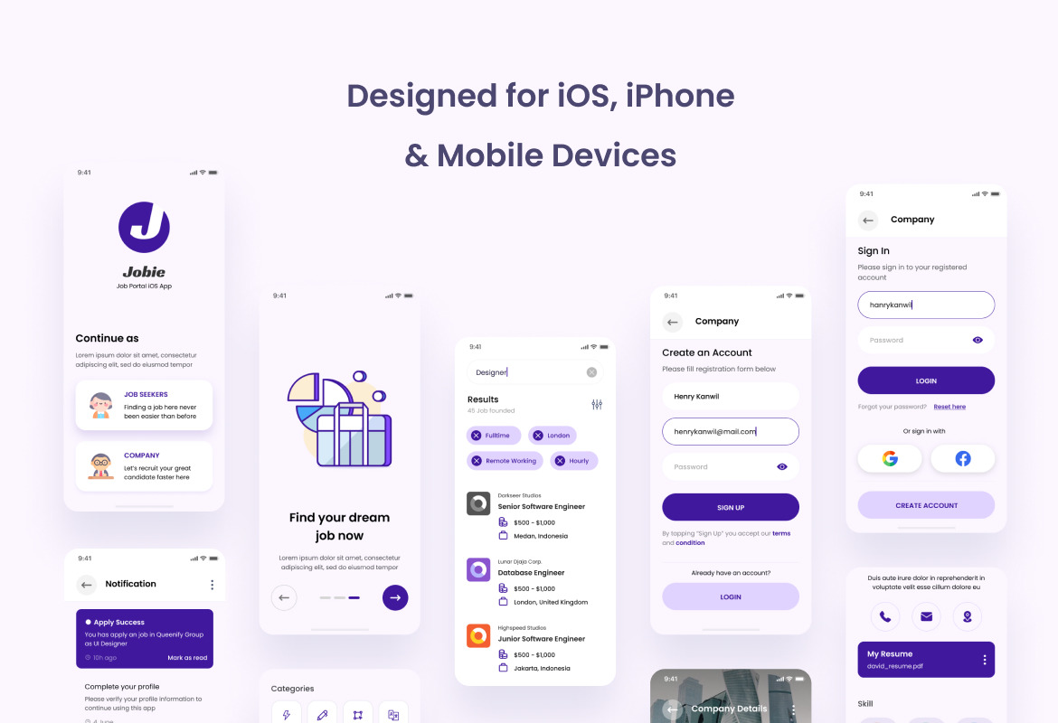 Jobie - Job Portal iOS App Design UI Template