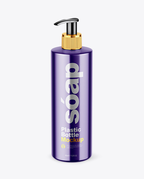 Metallic Soap Bottle with Pump Mockup - Front View (High Angle Shot) Metallic Soap Bottle with Pump Mockup - Front View (High Angle Shot)