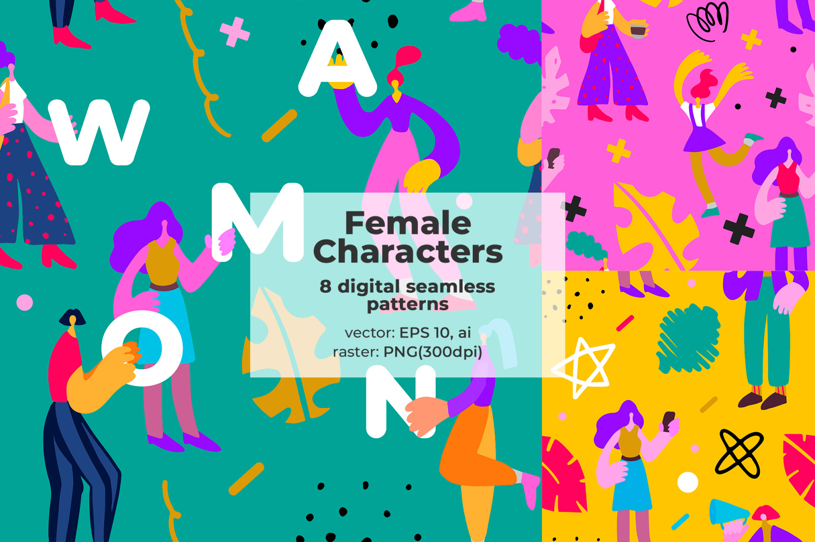 Seamless pattern with modern female characters