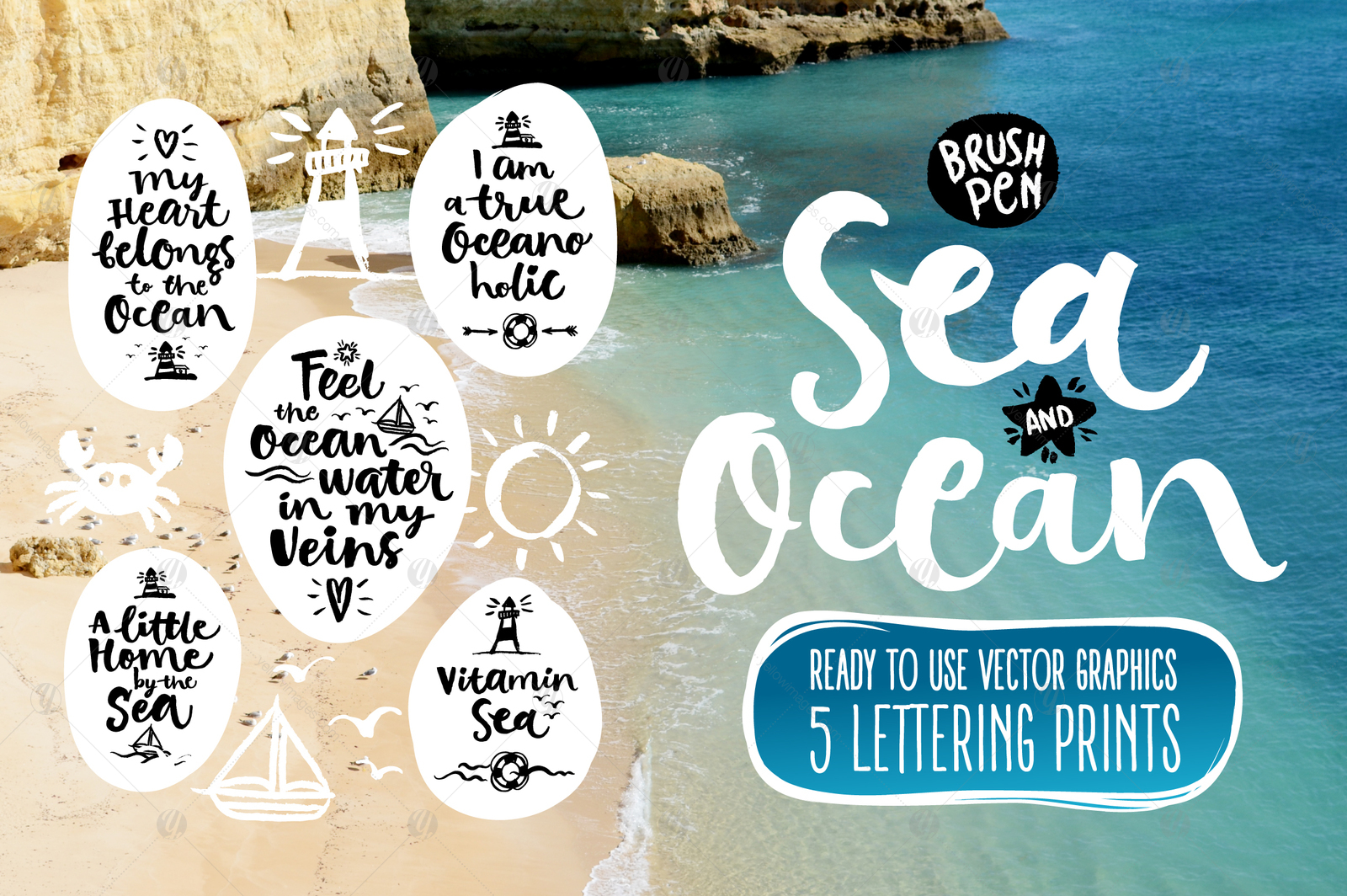 Vector SEA and OCEAN brushpen set