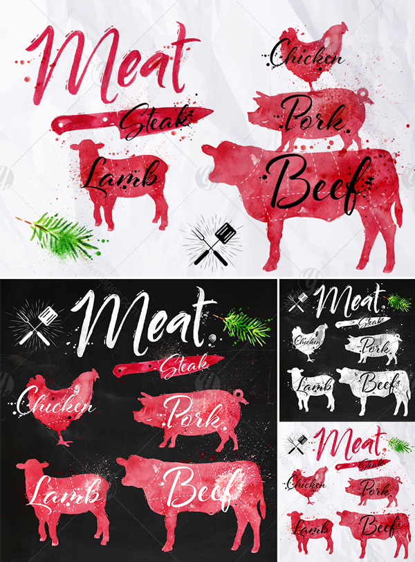 Watercolor Meat Silhoettes Watercolor Meat Silhoettes